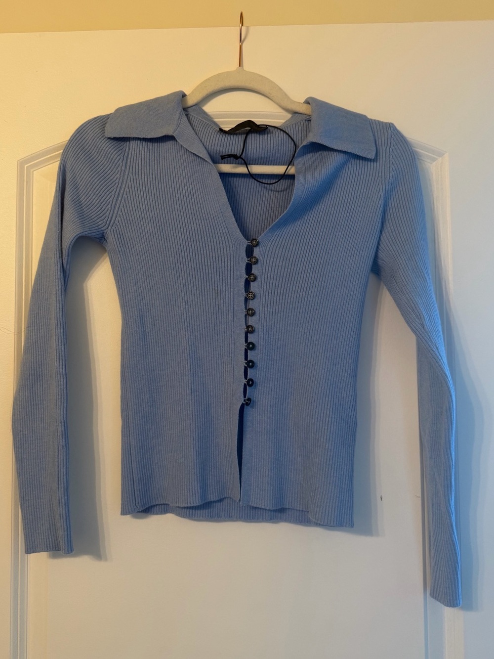Zara Light Blue Ribbed Button-Front Collared Top